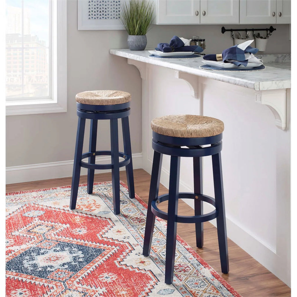 Navy Blue Wood Swivel Barstool Y55419