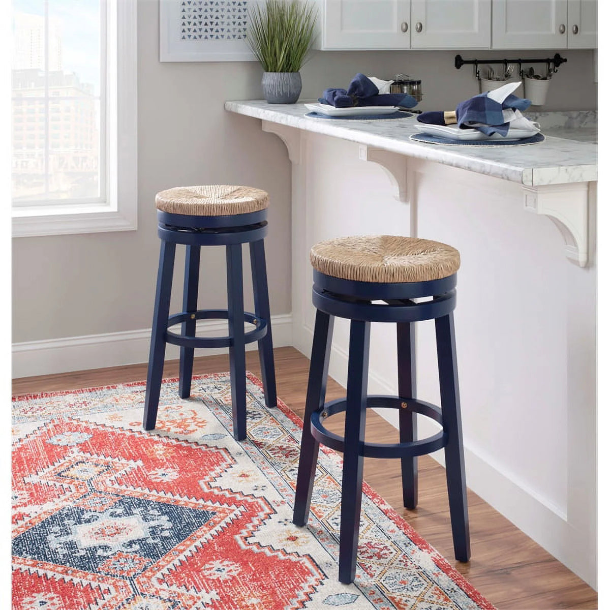 Navy Blue Wood Swivel Barstool Y55419