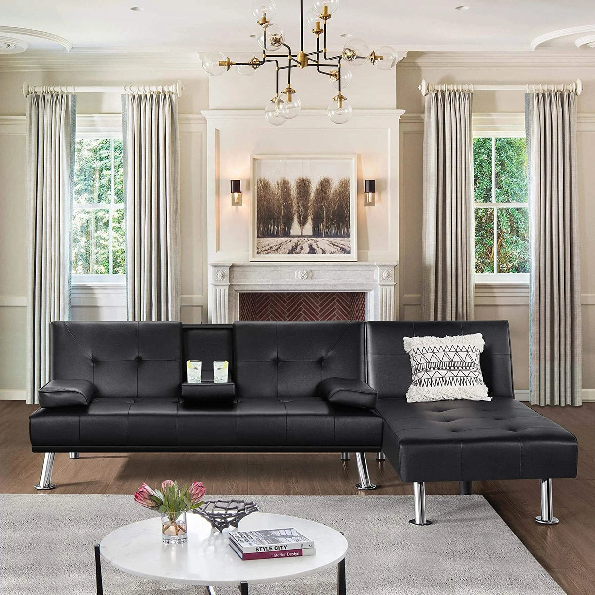 Black Faux Leather Sectional Sofa with Chaise Lounge N166303