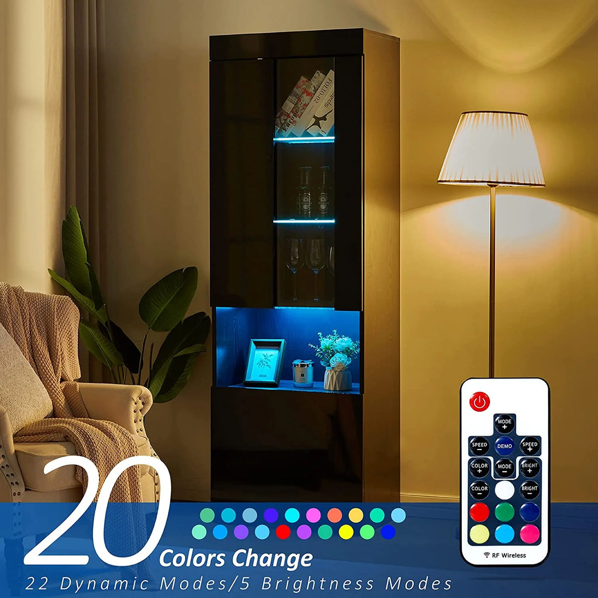 Black 2 Piece Wood Bookcase Storage Cabinet with Glass Shelves M326