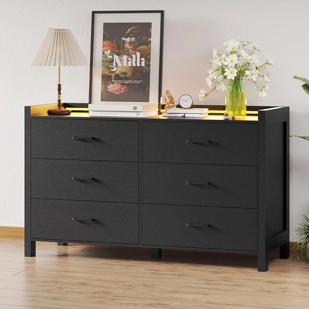 Black 6 Drawer Double Dresser with LED Lights F8439