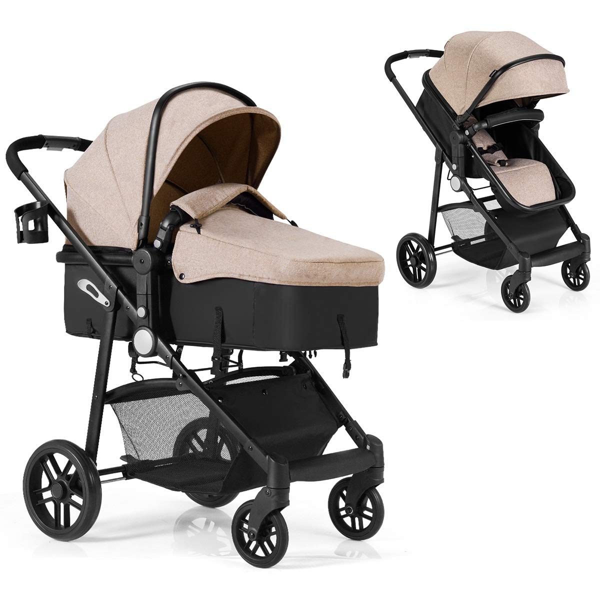 2 in 1 Convertible Bassinet Stroller with Cup Holder (Black) C1884