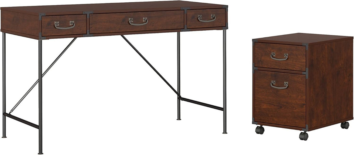 Vintage Golden Pine Writing Desk with 2 Drawer File Cabinet J6755