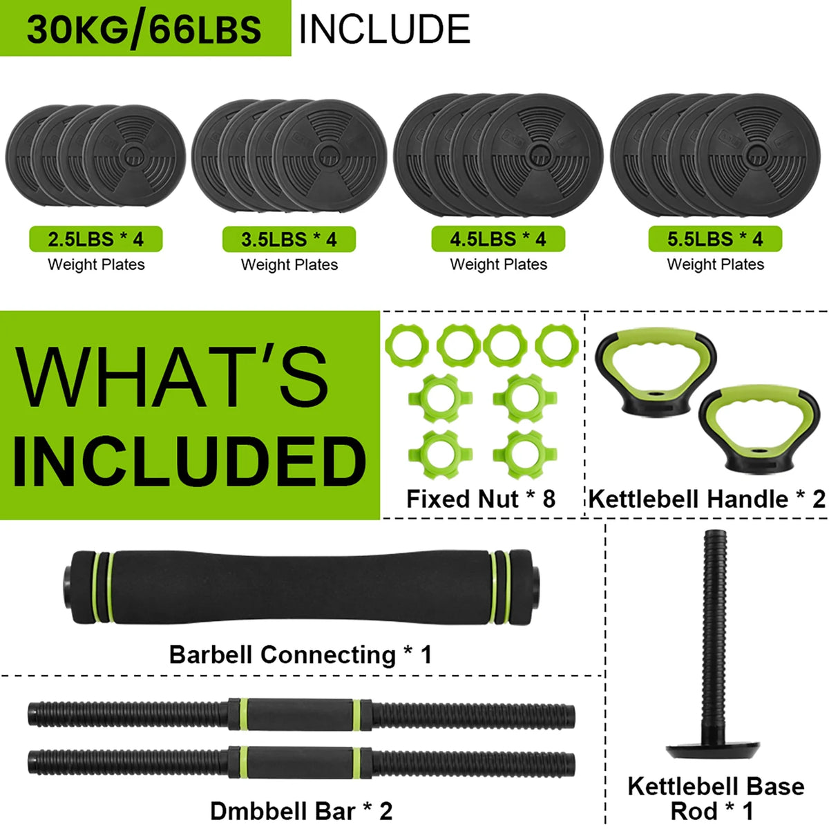 Adjustable 66LBS 88LBS 4 in1 Dumbbell Barbell Kettlebell Set A408266