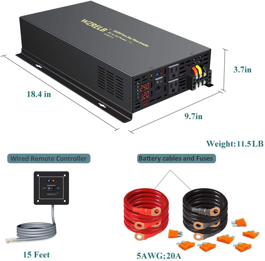 Pure Sine Wave 3500W 24V DC to 110V 120V AC Power Inverter with Dual US Outlets G9090