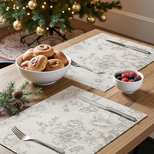 Floral Linen Placemats Set of 4 13x19 Inch Green S77276