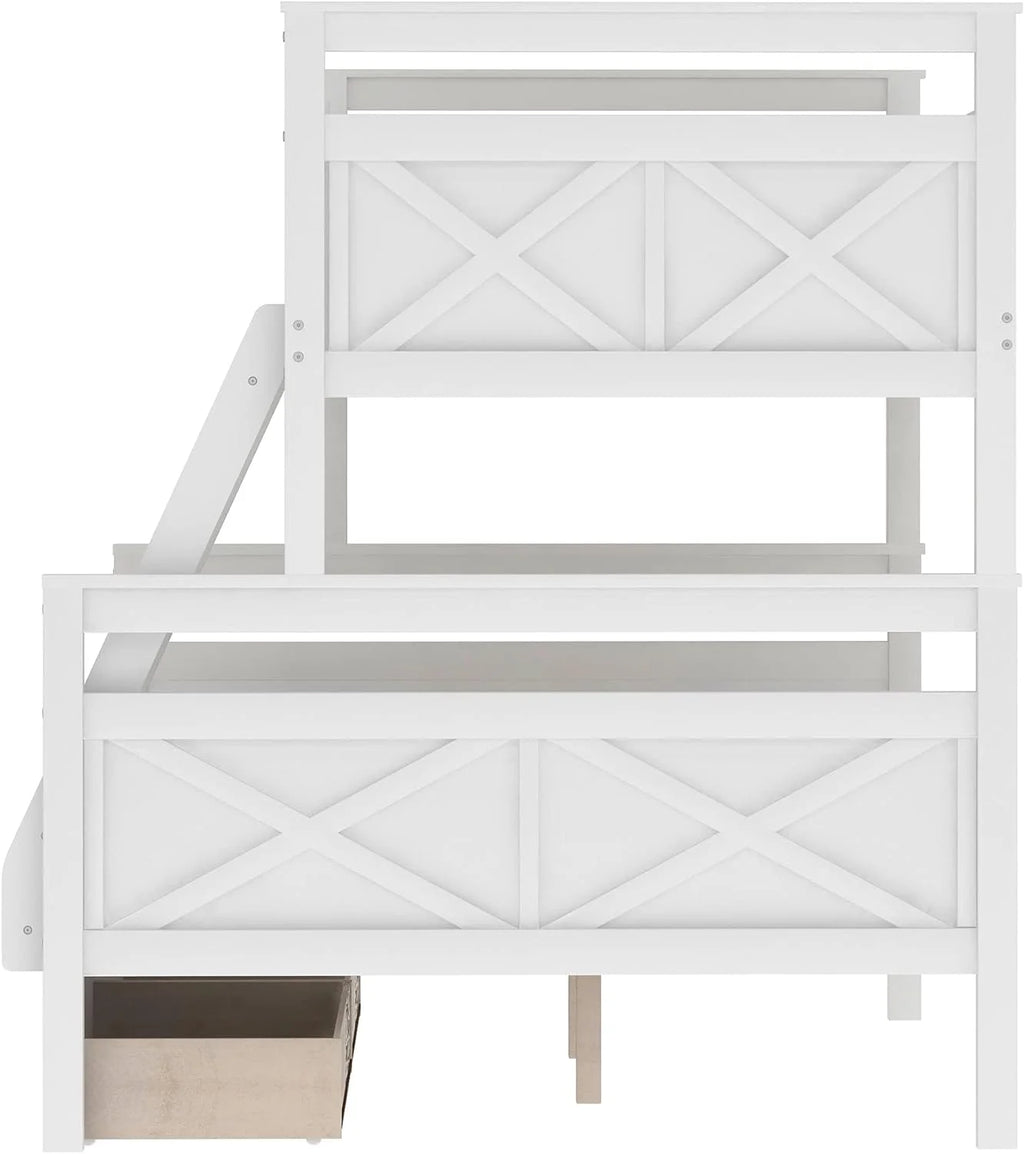 White Wooden Bunk Bed with 2 Storage Drawers and Ladder D4502