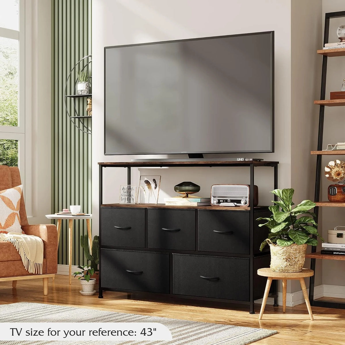 Black and Rustic Brown TV Stand with Fabric Drawers R725314