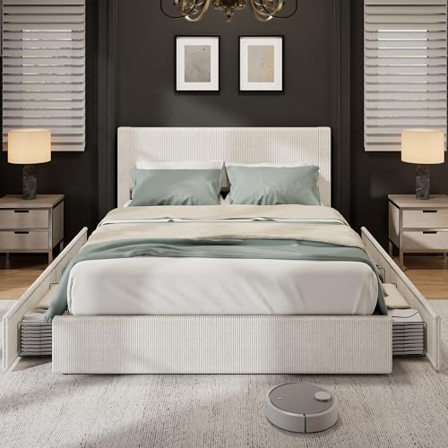 Queen Size Upholstered Platform Bed Frame with 4 Storage Drawers Y88617