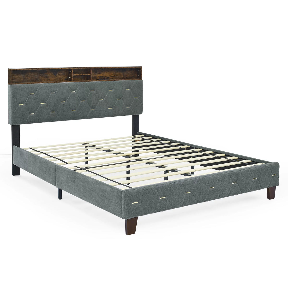Queen Size Upholstered Platform Bed with Shelf X474