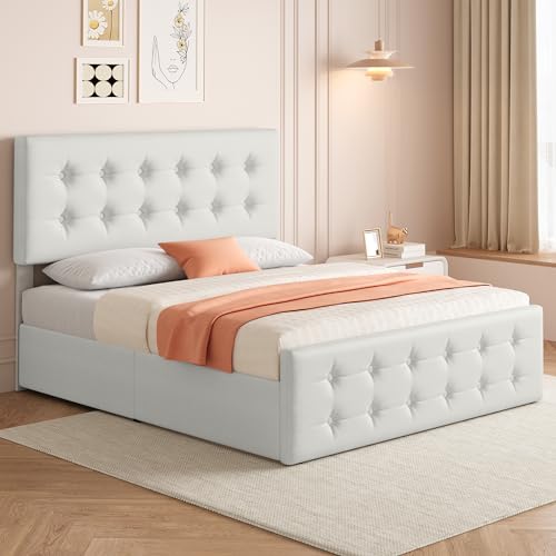 Black Queen Size Faux Leather Upholstered Platform Bed Frame with 4 Storage Drawers and Headboard S140