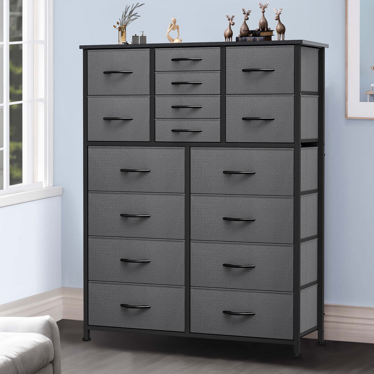 16 Drawer Fabric Dresser with Metal Frame and Wooden Top F13022
