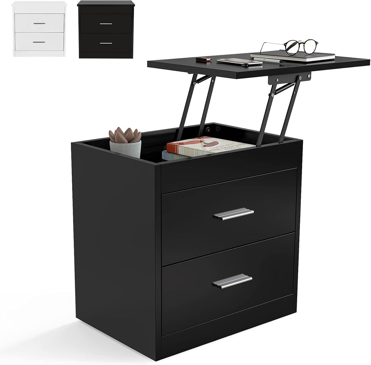 Black Lifting Top Nightstand with 2 Drawer Storage E52206
