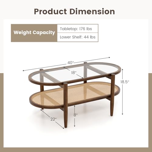 40”L Oval Acacia Wood Rattan Coffee Table with Tempered Glass Tabletop B86328