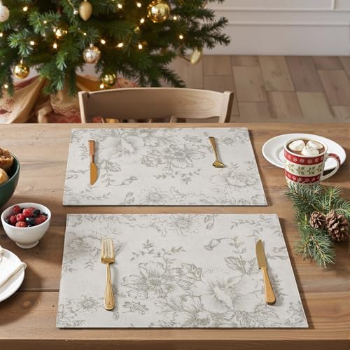 Floral Linen Placemats Set of 4 13x19 Inch Green S77276