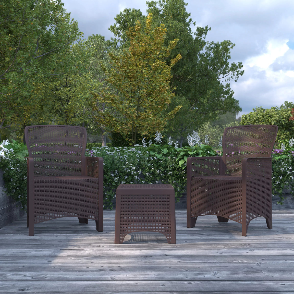 Faux Rattan Wicker Lounge Chairs and Side Table E735