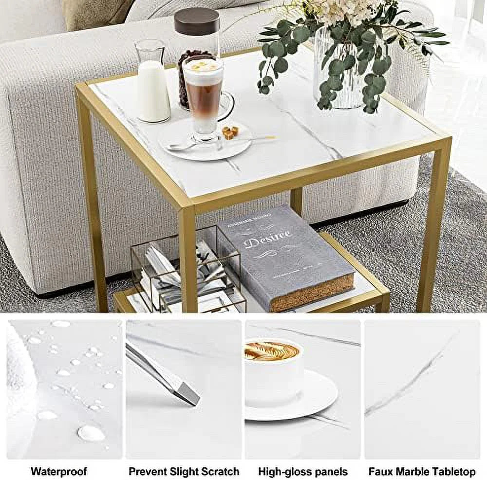 High Gloss Gold 2-Tier Faux Marble Nesting End Table X9066