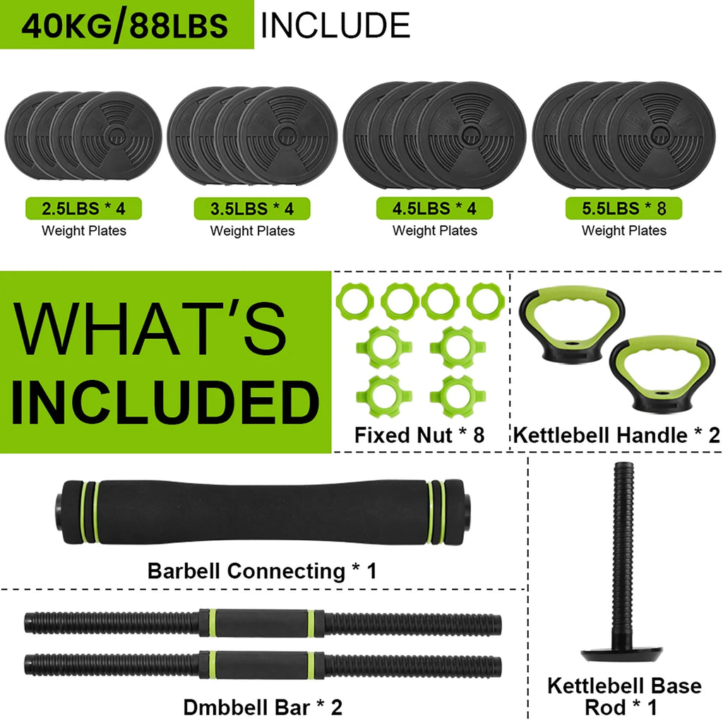 Adjustable 66LBS 88LBS 4 in1 Dumbbell Barbell Kettlebell Set A408266