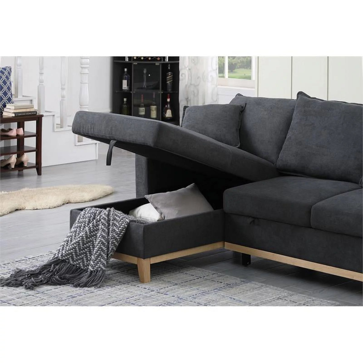 Dark Gray Fabric Reversible Sleeper Sectional with Storage Chaise V664