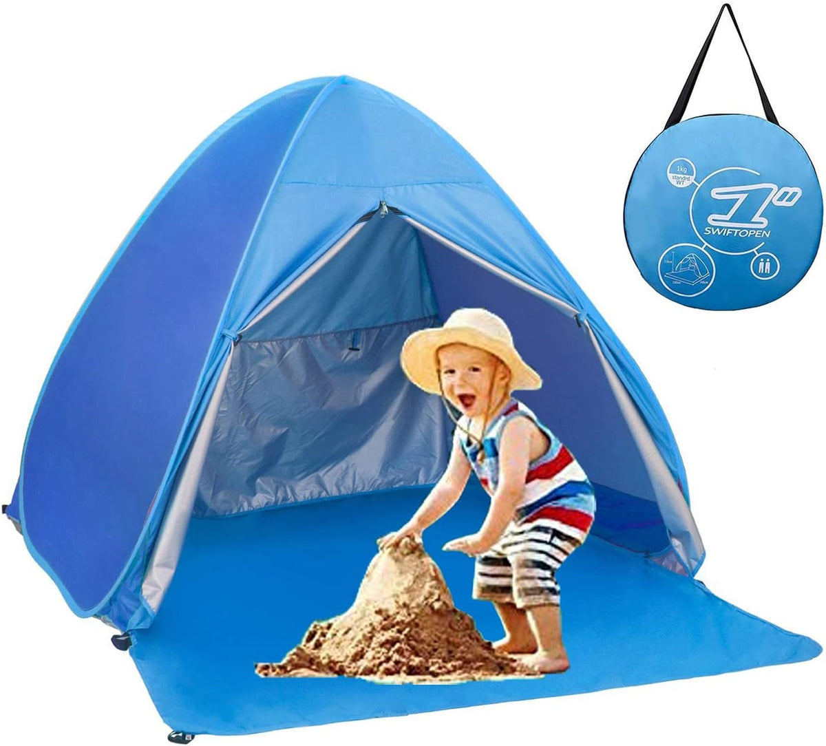 Pop Up Beach Tent Sun Shelter UPF 50+ 2-3 Person Dark Blue Stripes C3063
