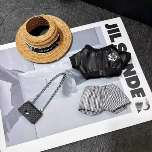 17cm Doll 4-Piece Straw Hat PU Leather Jacket Houndstooth Shorts Outfit J77912