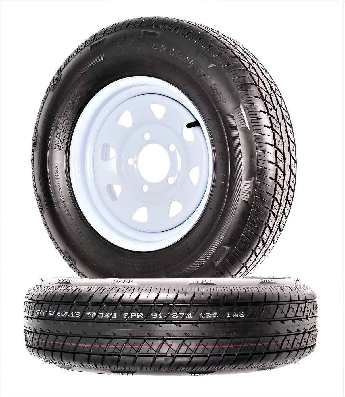 2-Pk Radial Trailer Tire On Rim ST175/80R13 5 Lug White Spoke Wheel X633