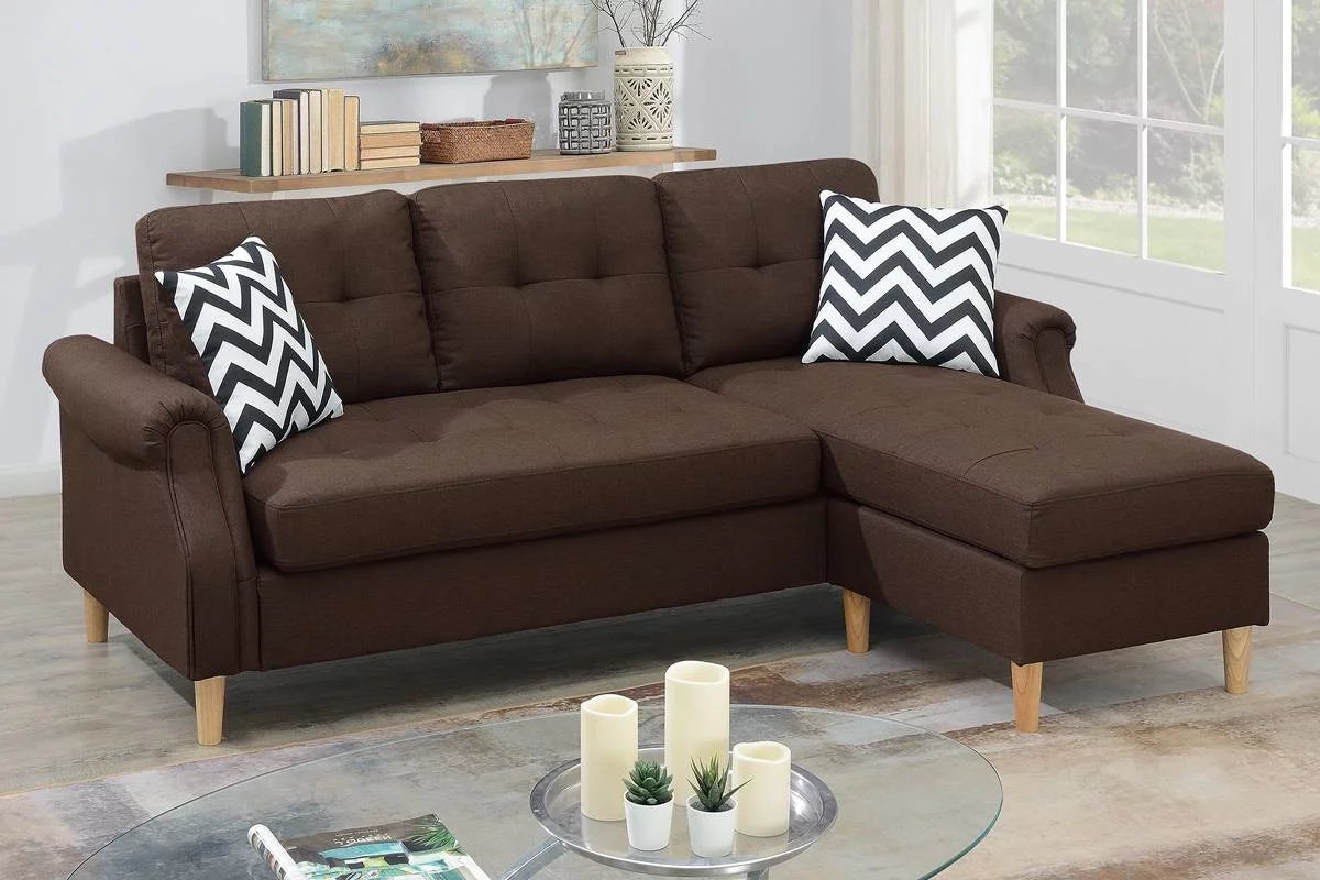 Modern Compact Reversible Sectional Sofa Set Linen Like Fabric Dark Coffee Cushion Couch I44601