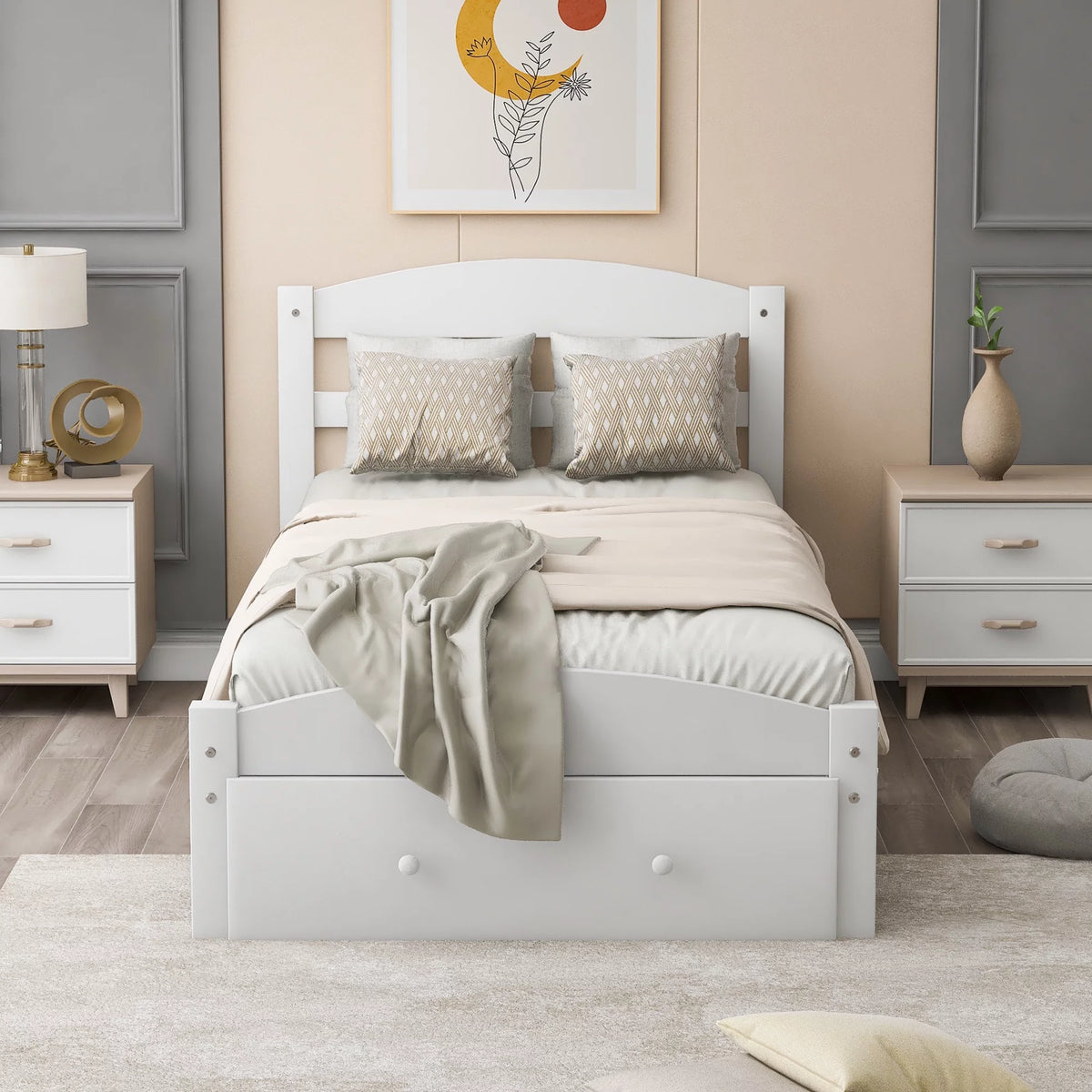White Pine Wood Twin Bed with Storage Drawer P23549