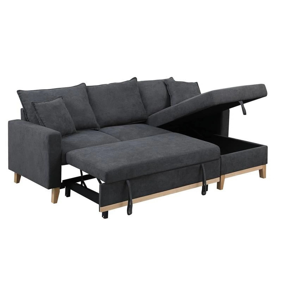 Dark Gray Fabric Reversible Sleeper Sectional with Storage Chaise V664