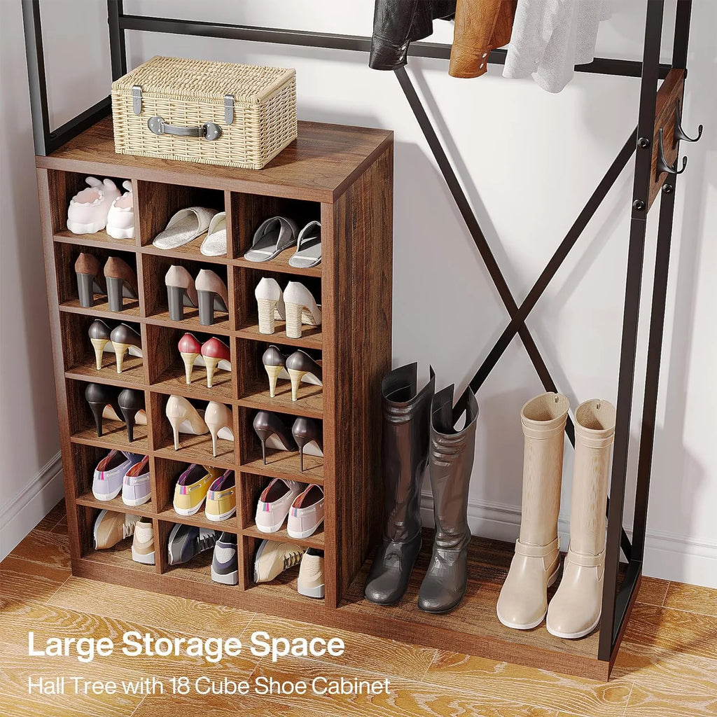 71" Brown Wood Coat Rack with 18 Shoe Cabinets P977087