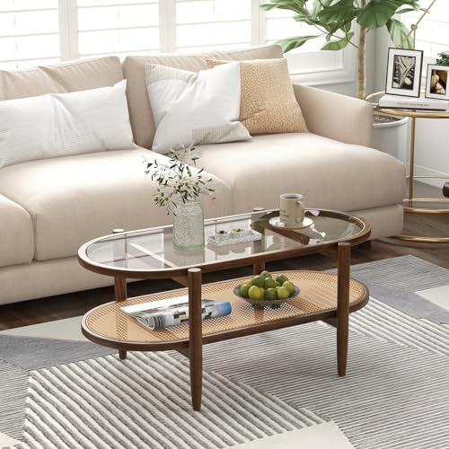 40”L Oval Acacia Wood Rattan Coffee Table with Tempered Glass Tabletop B86328