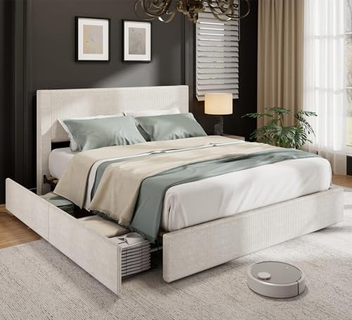 Queen Size Upholstered Platform Bed Frame with 4 Storage Drawers Y88617
