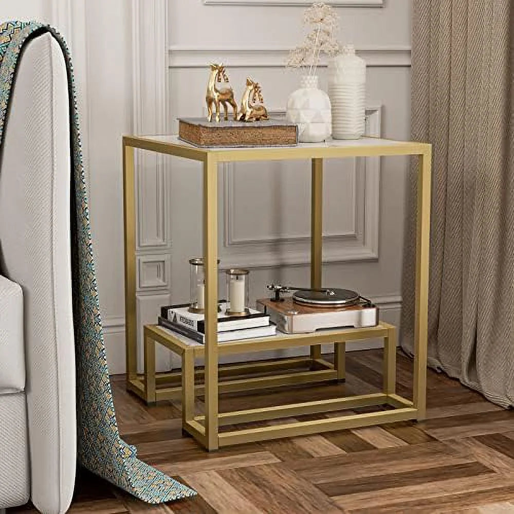 High Gloss Gold 2-Tier Faux Marble Nesting End Table X9066