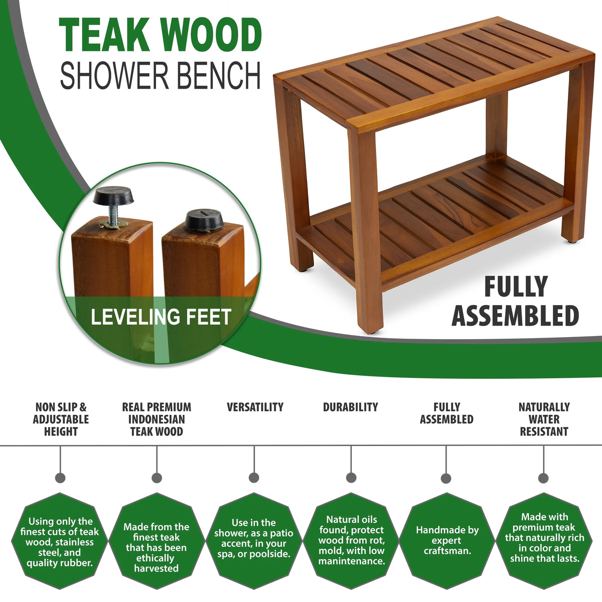24 Inch Teak Shower Bench with Shelf I662