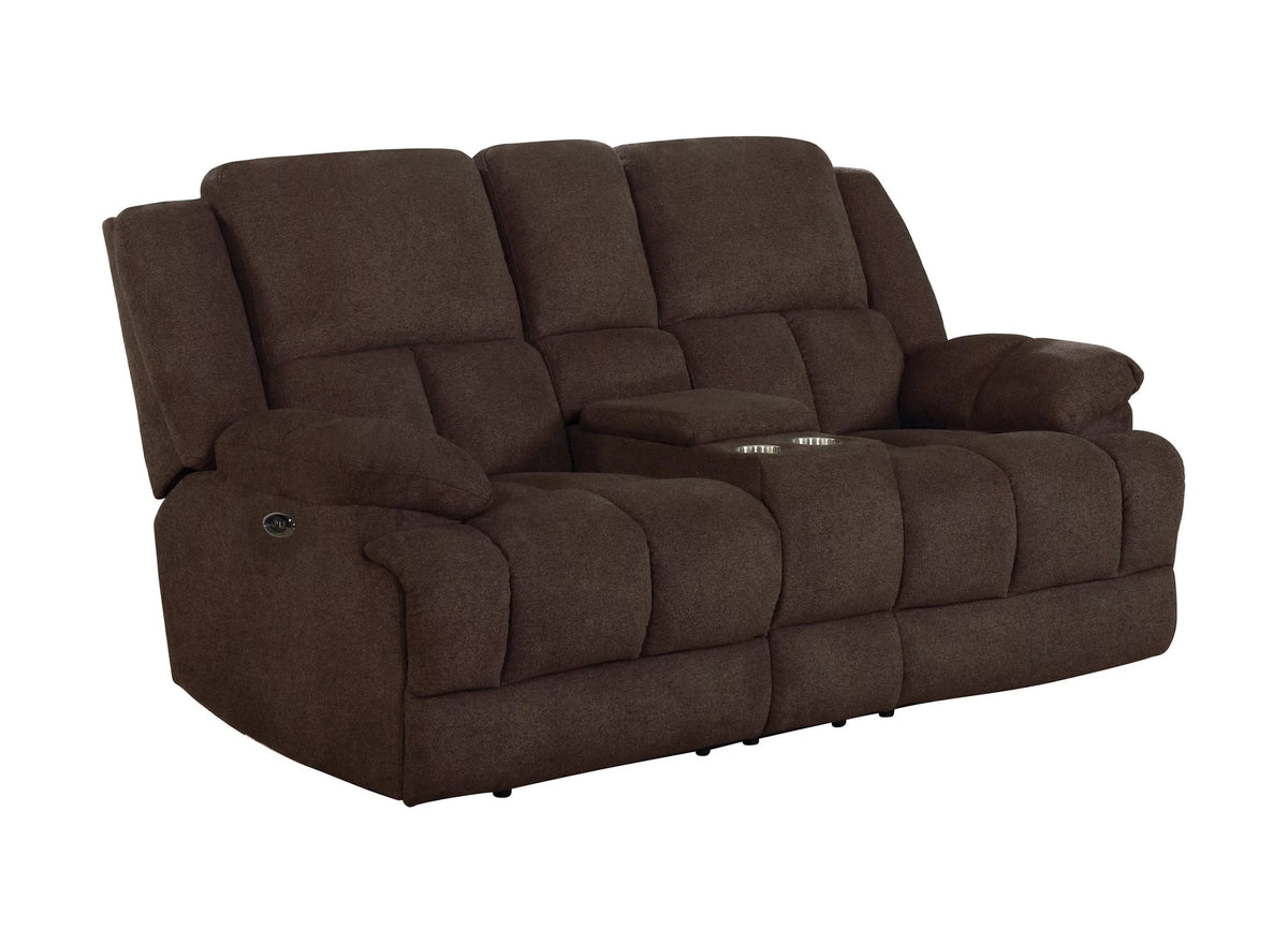 Brown Upholstered Power Loveseat with Console T473