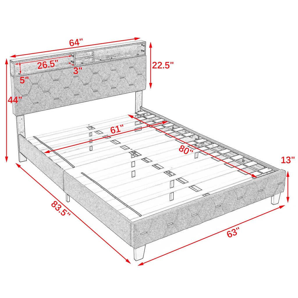 Queen Size Upholstered Platform Bed with Shelf X474