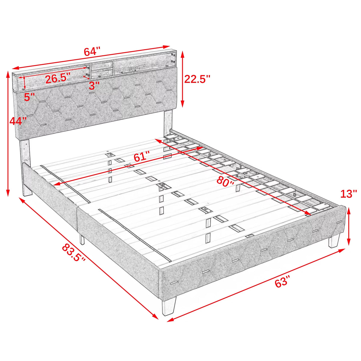 Queen Size Upholstered Platform Bed with Shelf X474