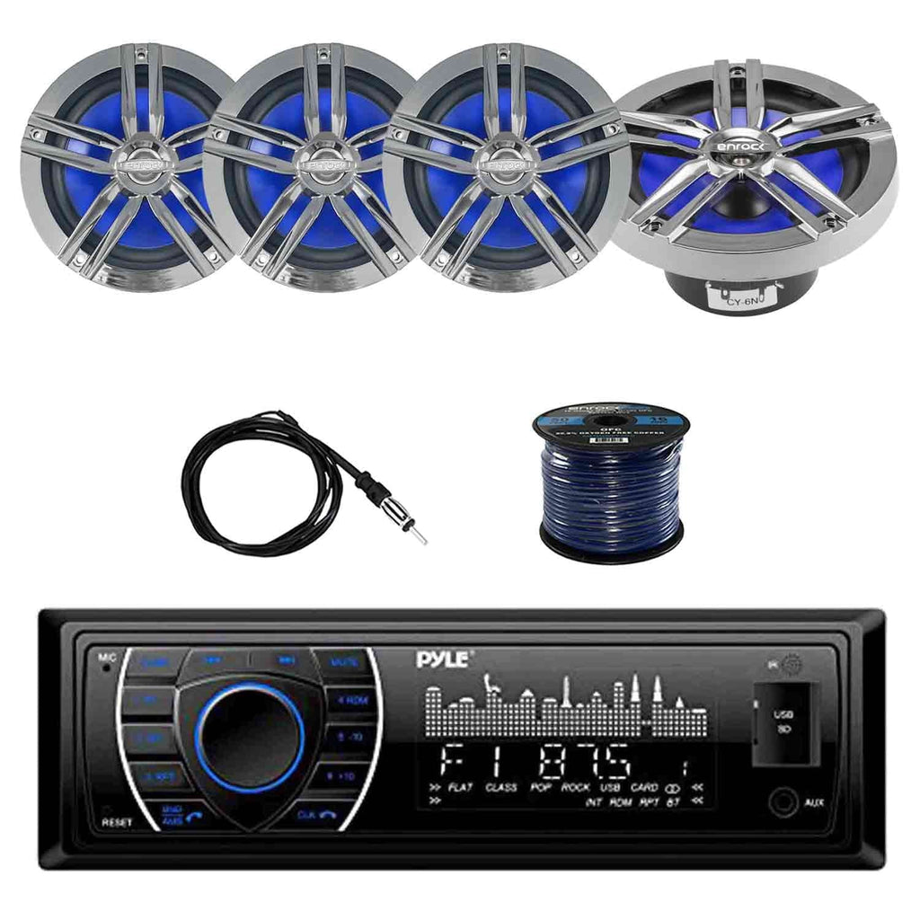 Black Marine Receiver Stereo with 6.5 Water-Resistant Loudspeaker 2-Pairs, Marine Antenna & 50' 16G Speaker Wire J558