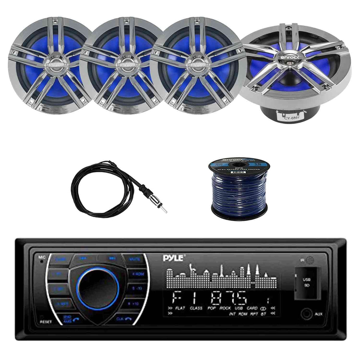 Black Marine Receiver Stereo with 6.5 Water-Resistant Loudspeaker 2-Pairs, Marine Antenna & 50' 16G Speaker Wire J558