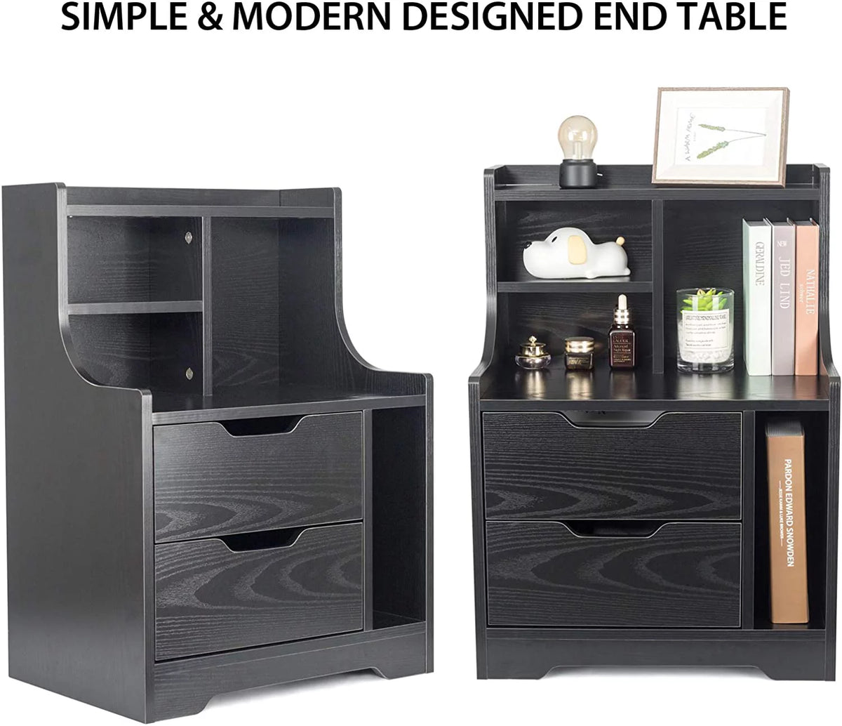 Black Wooden Bedside Table with 2 Drawers L24921