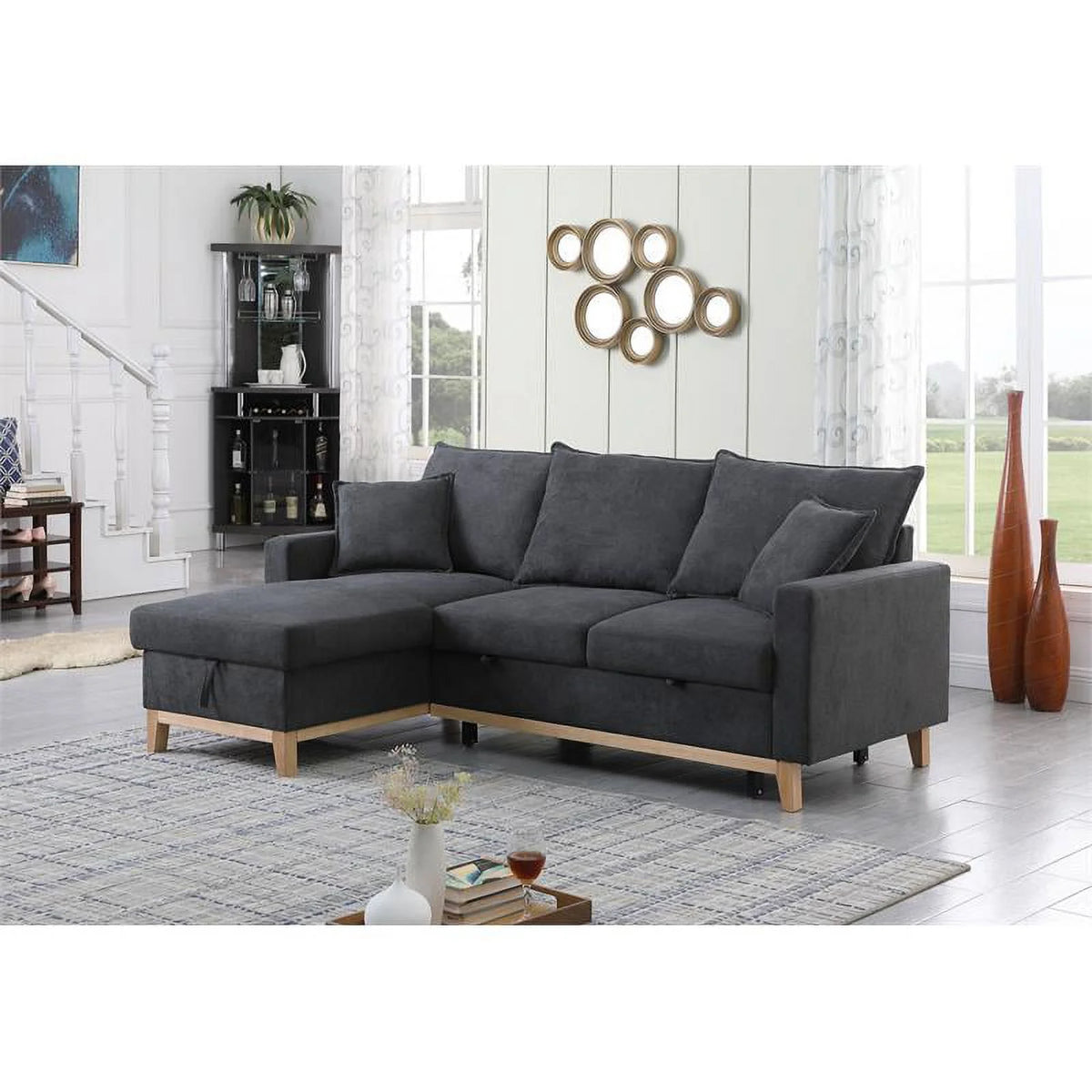 Dark Gray Fabric Reversible Sleeper Sectional with Storage Chaise V664