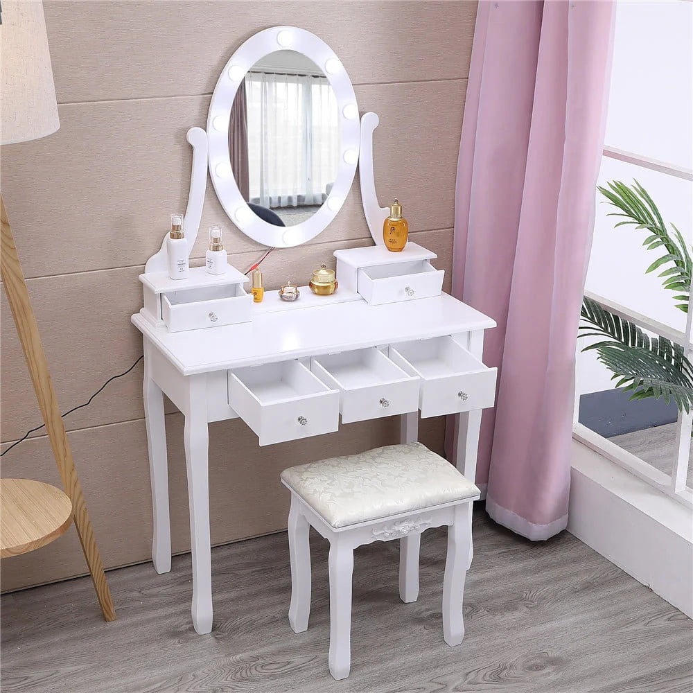 White 5 Drawer Vanity Table with Cushioned Stool Set S9509