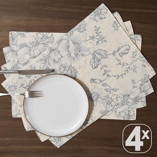 Floral Linen Placemats Set of 4 13x19 Inch Green S77276