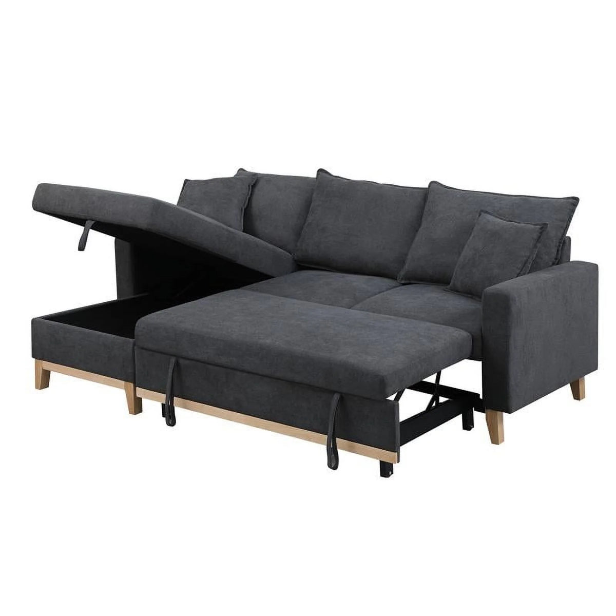 Dark Gray Fabric Reversible Sleeper Sectional with Storage Chaise V664