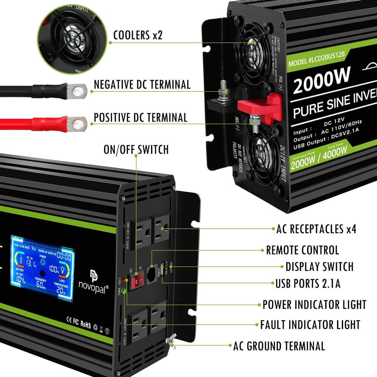 2000 Watt Pure Sine Wave Power Inverter 12V DC to 110V/120V AC Converter J35863