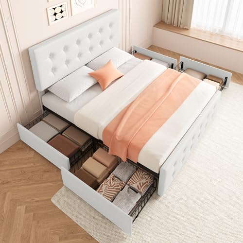 Black Queen Size Faux Leather Upholstered Platform Bed Frame with 4 Storage Drawers and Headboard S140