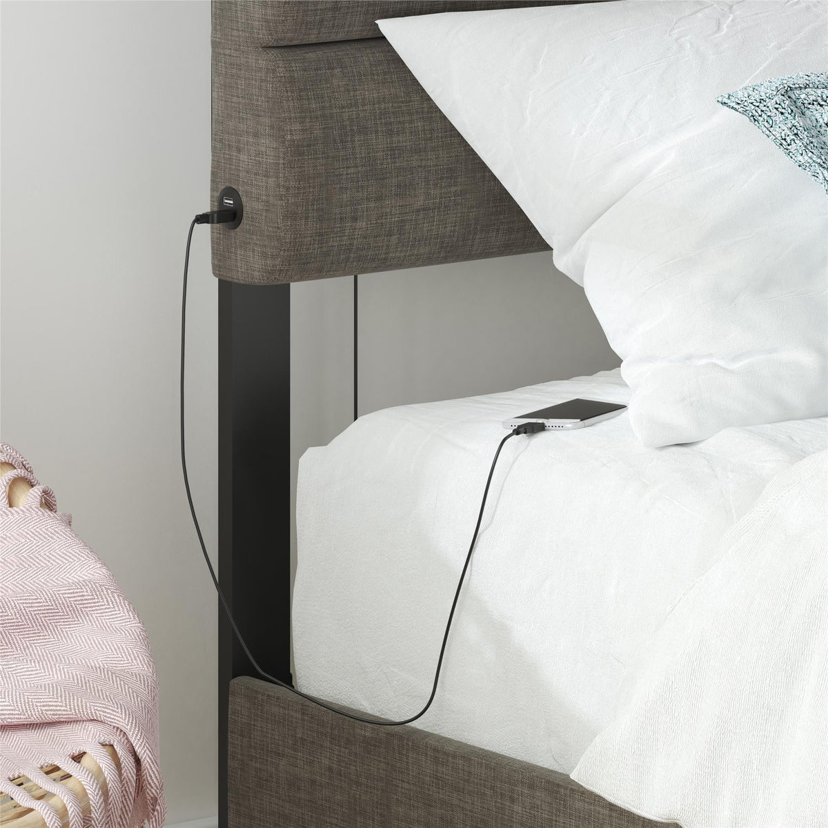 Dark Gray Linen Upholstered Bed with USB Port J856
