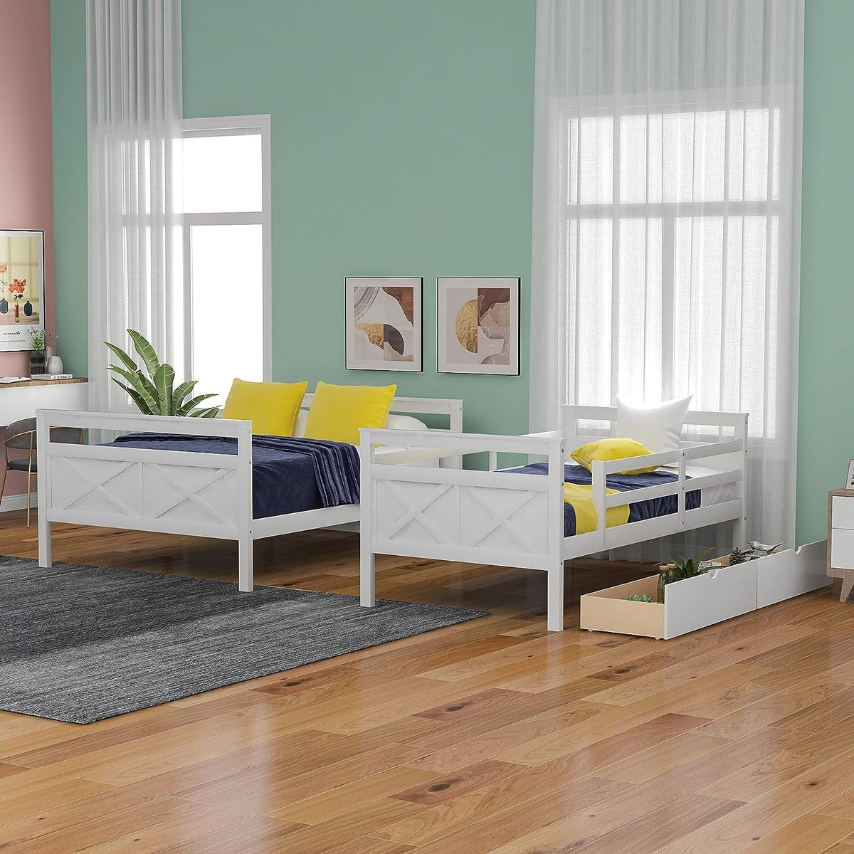 White Wooden Bunk Bed with 2 Storage Drawers and Ladder D4502