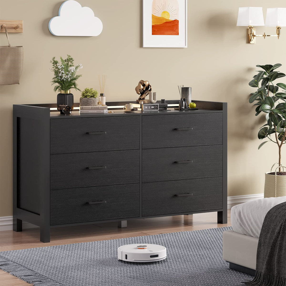 Black 6 Drawer Double Dresser with LED Lights F8439