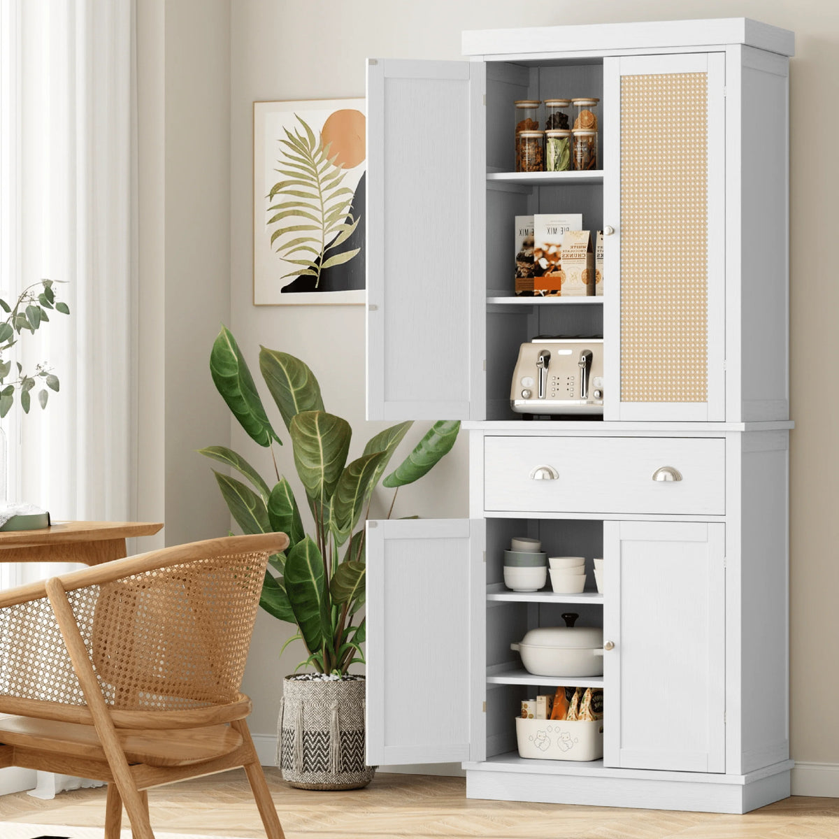 White 72.4'' Tall Wood Kitchen Pantry with 4 Doors E519111